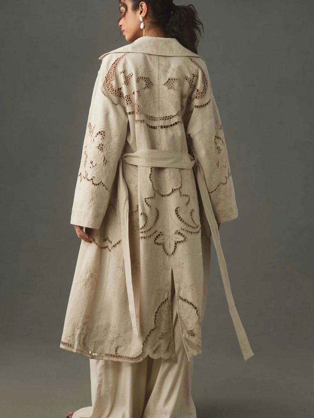 Anthropologie Avec Les Filles Cutwork Linen  Trench Coat/Duster Size Large NWT - Picture 3 of 12